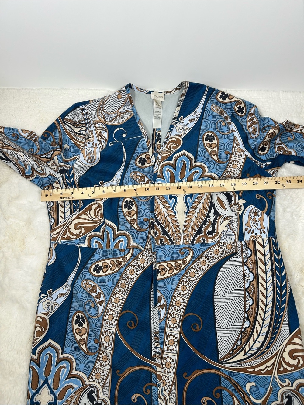 Chico’s Faux Suede Paisley Topper Duster Jacket Blue Brown Open Front - Picture 8 of 10